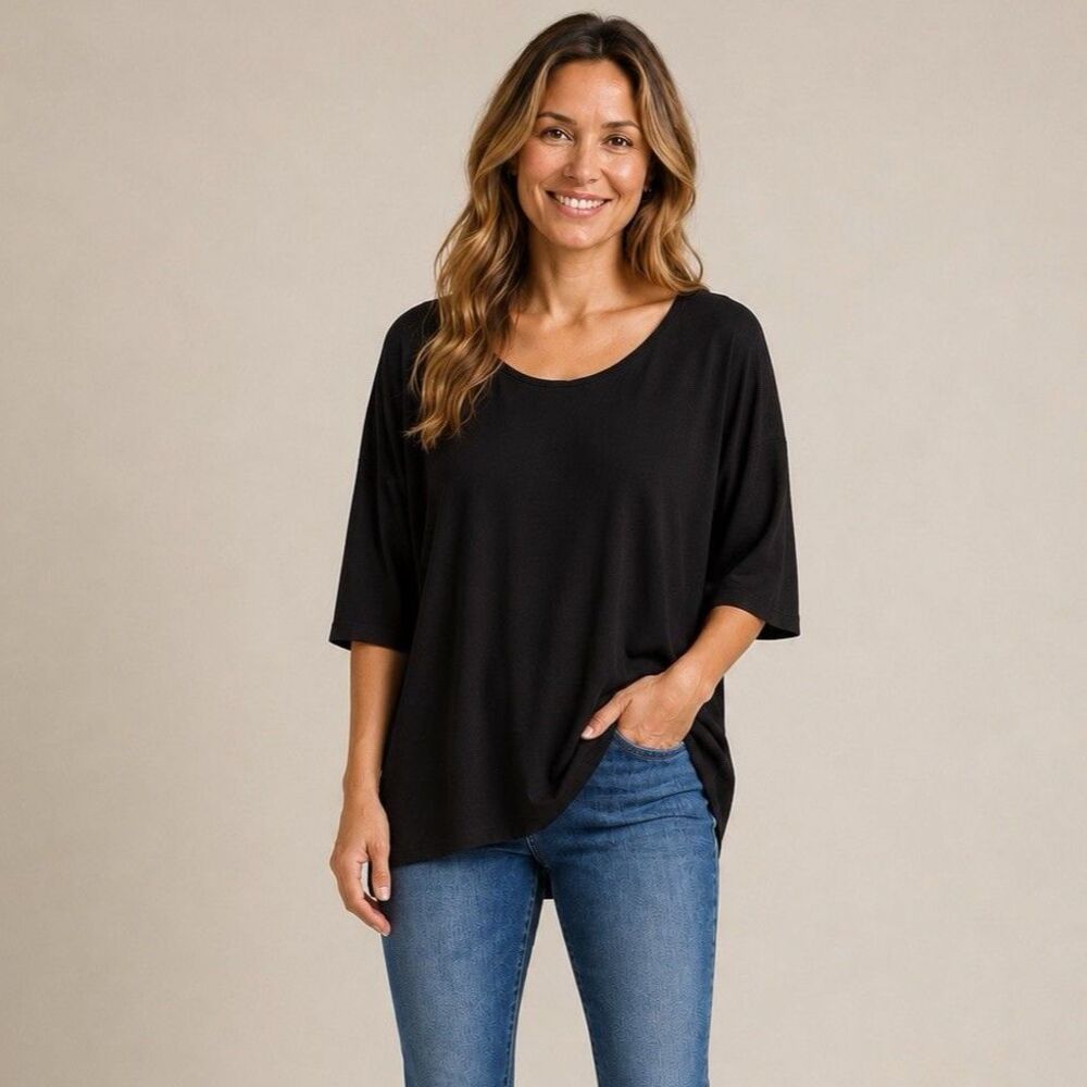 Emma’s Closet Black Top Oversized Knit Bateau Neck Extended Cap Sleeve M Bamboo